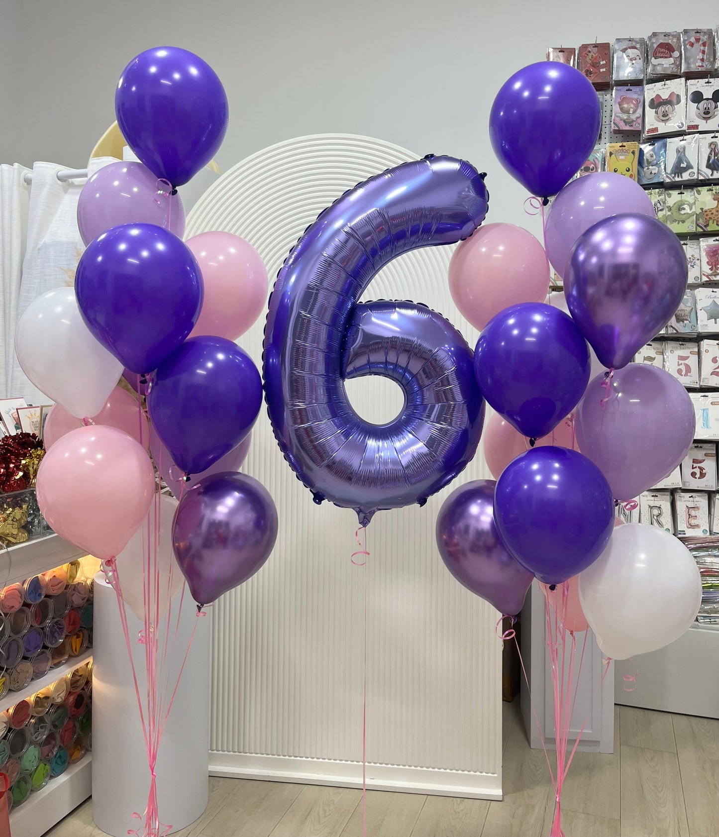 Single Number Set Purple ‘6’ with Latex Helium Bunch Chrome Purple White Pink - Customizable Design