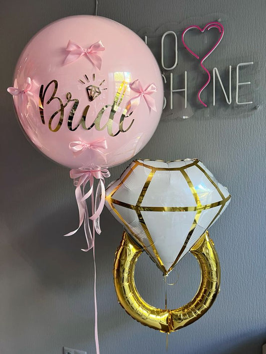 Personalised Clear with Pink Latex and Customize Sticker, Ribbons and Engagement Gold Diamond Ring - Bridal Shower Perfect for Special Occasions!