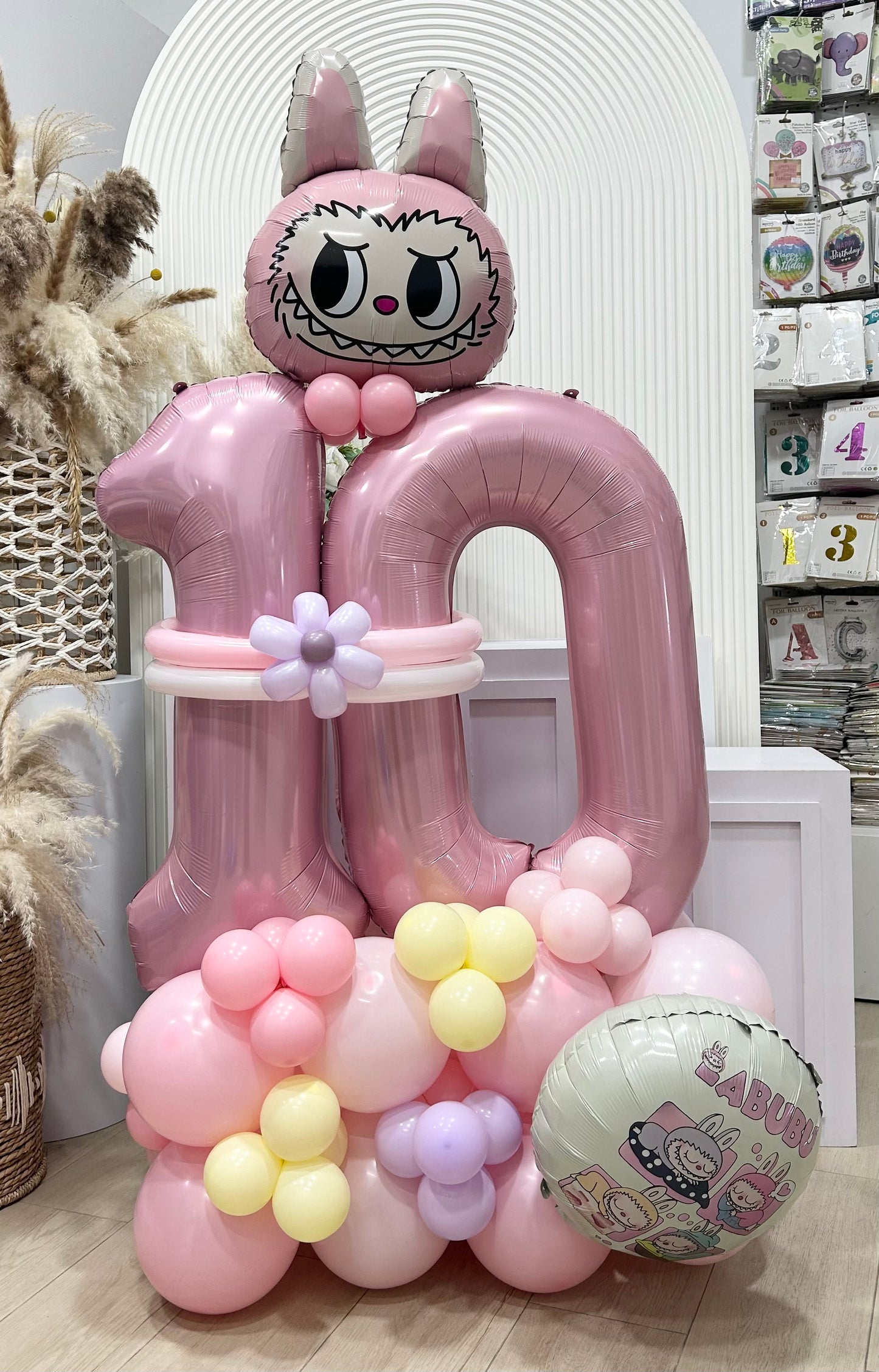 Platform Pink Labubu Foil Balloon with Number Balloon "10", Customize Print, Gold Butterfly and Balloons Pink, Yellow and Purple - Labubu-Themed Perfect for any celebrations