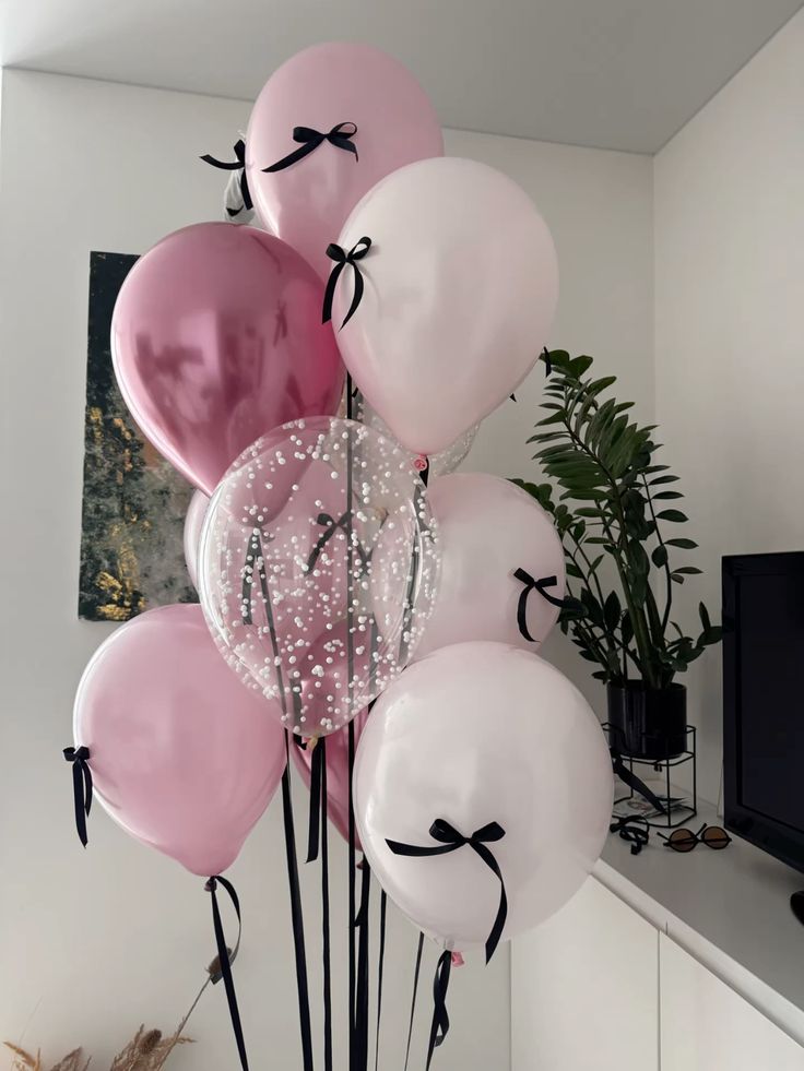 Latex Helium Bunch Different Shades of Pink, Clear with White Foam with Black Bow Tie Balloons and Black Strings - Perfect for Special Occasions!
