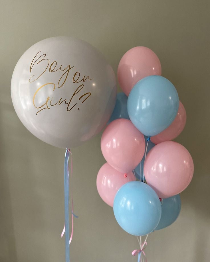 Personalised Helium Balloon Gender Reveal-Themed Clear with Stickers and Blue, Pink Latex Bunch and Ribbons - Perfect for any Occasions