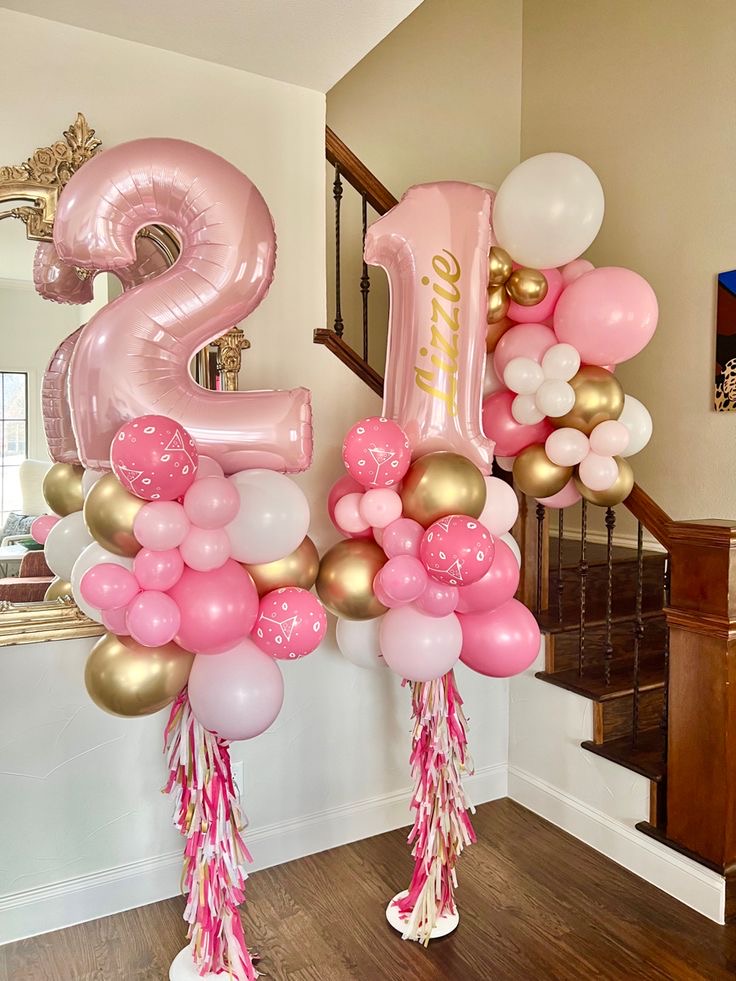 Personalised Pink, Gold and White Latex with Pink Number Balloon ‘21’ with Customizable Stickers with Tassels Pillar/Column/Tower – Perfect for Any Celebrations