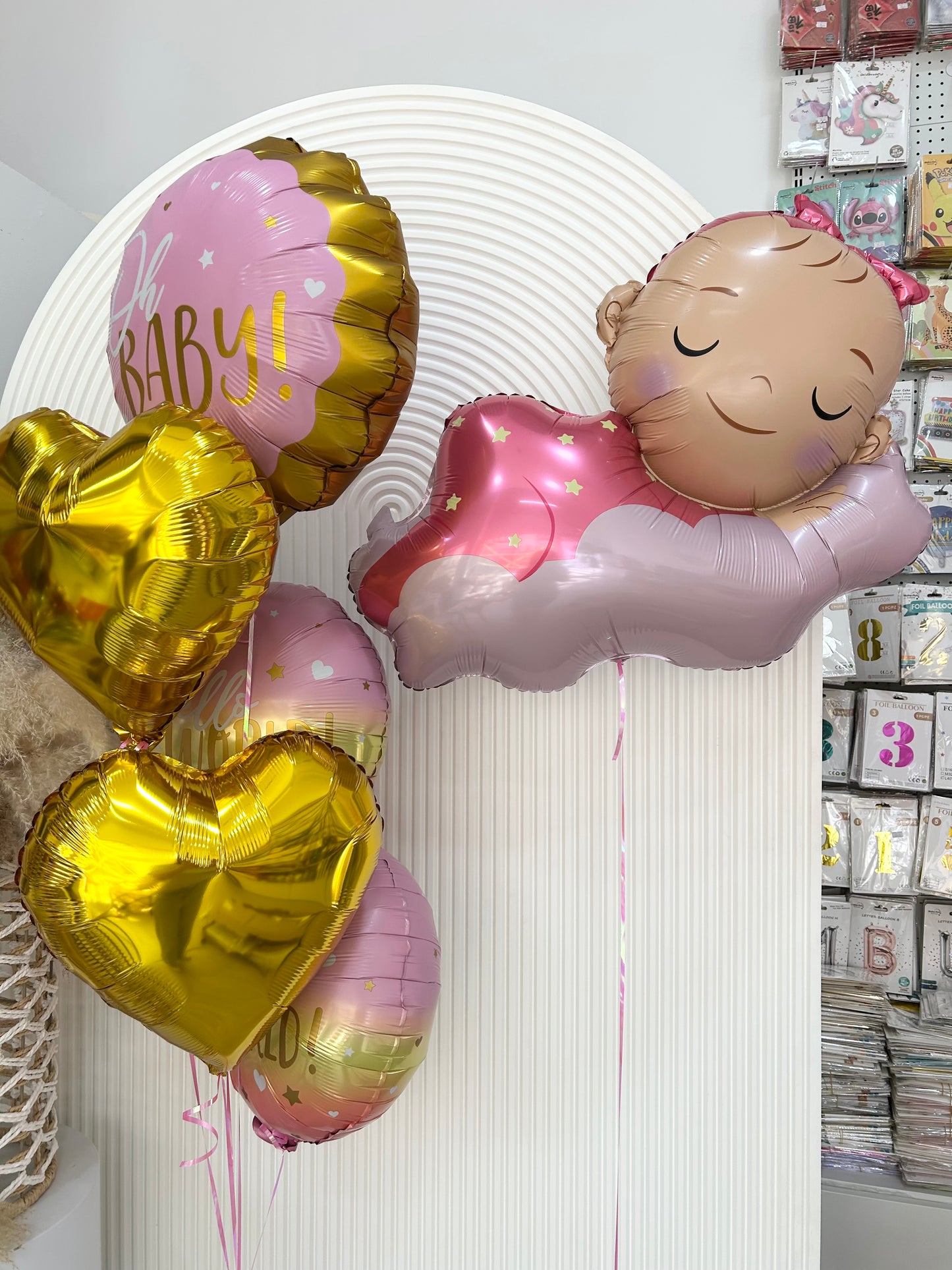 Helium Set Sleeping Baby Girl with ‘Oh Baby’ Gold Hearts Foil – Customizable Design Baby Shower Welcome Baby Girl