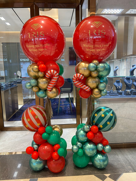 Pillar/Column/Tower Christmas Balloons Red Shinny Green Christmas Ball Foil Candy Cane Tassels - Customizable Design Perfect for Corporate Event, Grand Opening, Company Event!