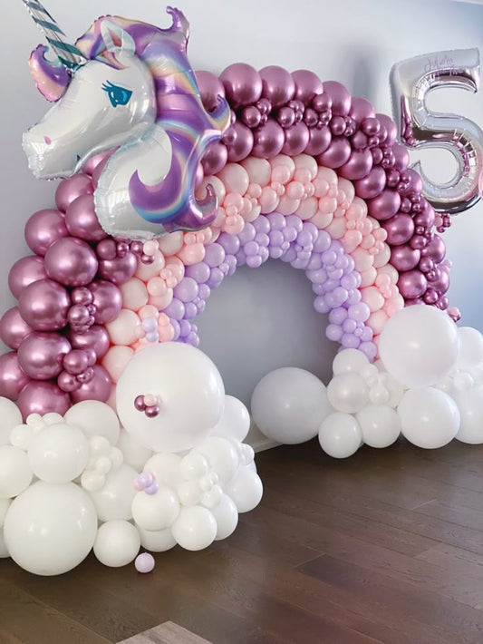 Full Set Customizable Balloons Chrome Pink, Pink and Purple with Unicorn and Number ‘5’ Foil Accents Designed as Rainbow and Clouds Setup - Perfect for special occasions