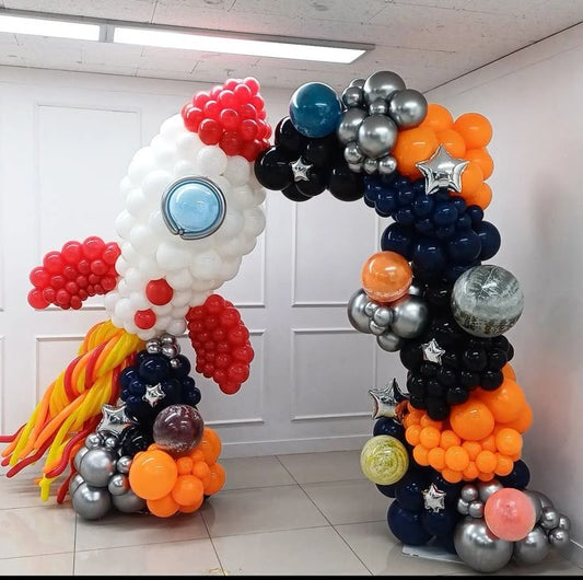 Balloon Dark Blue, Silver, Orange and Black with Star and Customized Balloon Rocket White and Red Decor Setup - Galaxy-Themed Perfect for special occasions