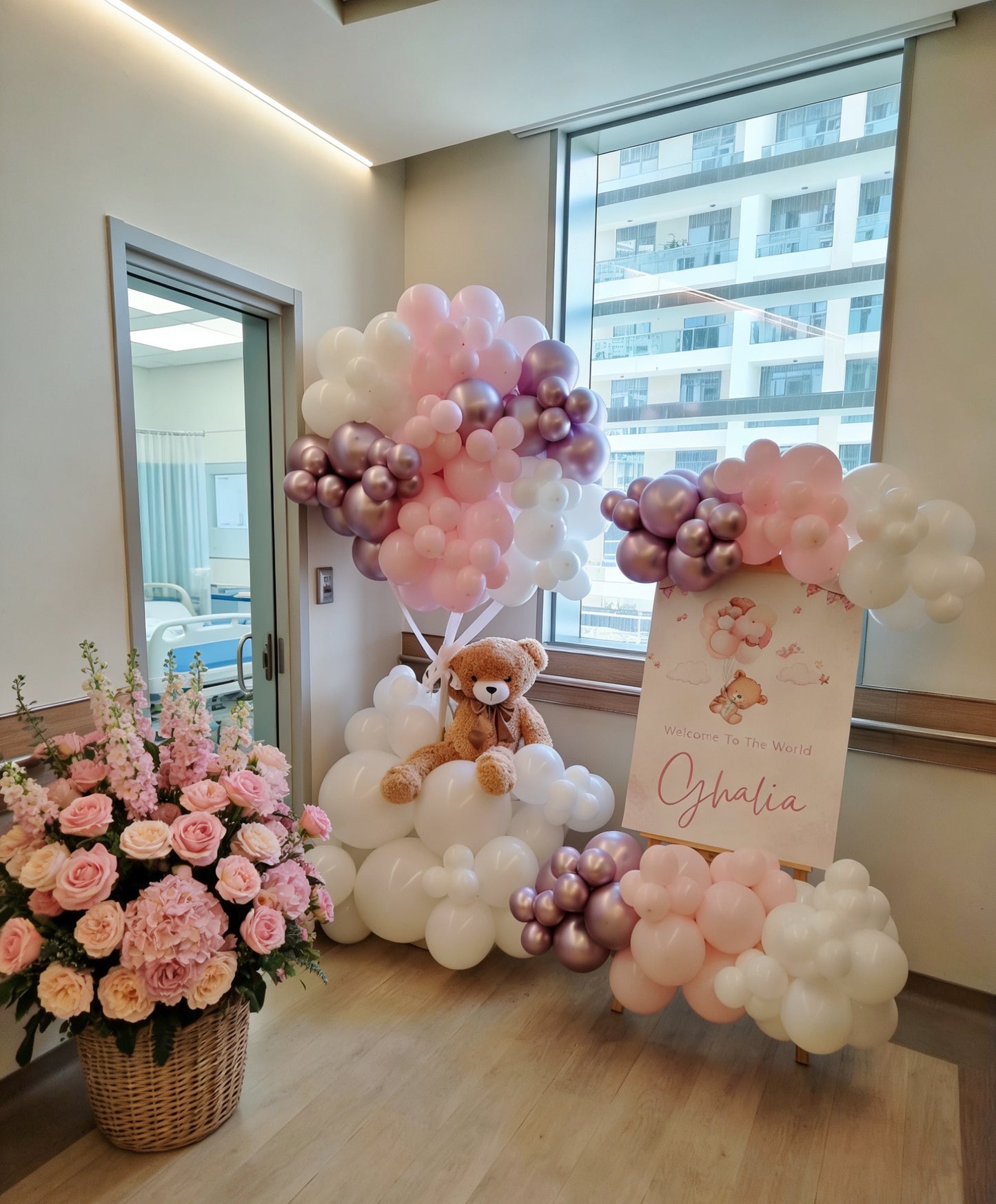 Hospital Welcoming Baby Balloon Pink, White and Shinny Light Pink with Teddy Bear and Customize Welcome Board with Organic Balloon Chain - Perfect for special occasions