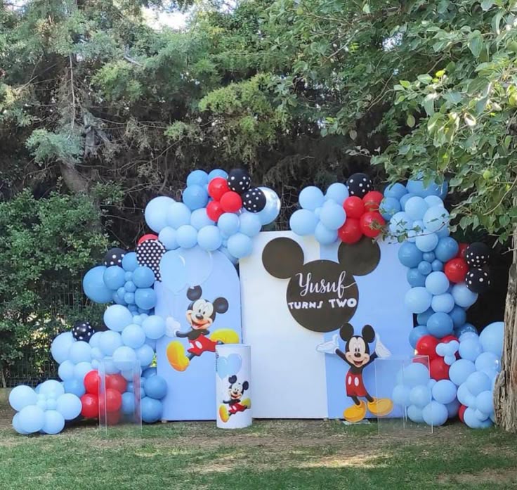 Full Set Customizable Backdrop, Cake Stand and Mickey Mouse-Themed with Balloons Black, Read and Blue Decor Setup - Perfect for special occasions