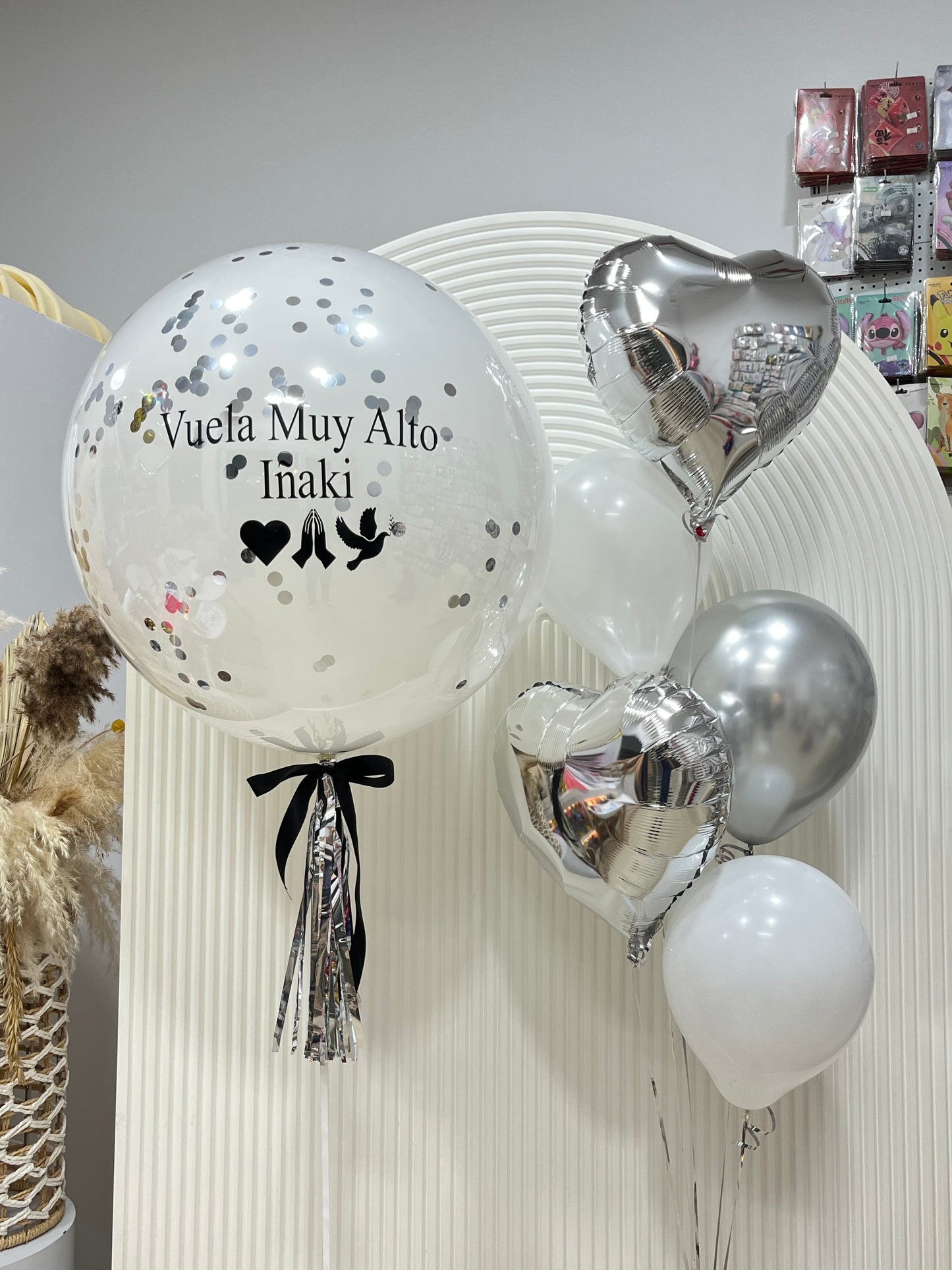 Personalised Clear with White Latex Silver Confetti Helium Bunch Silver Star Balloons Silver White