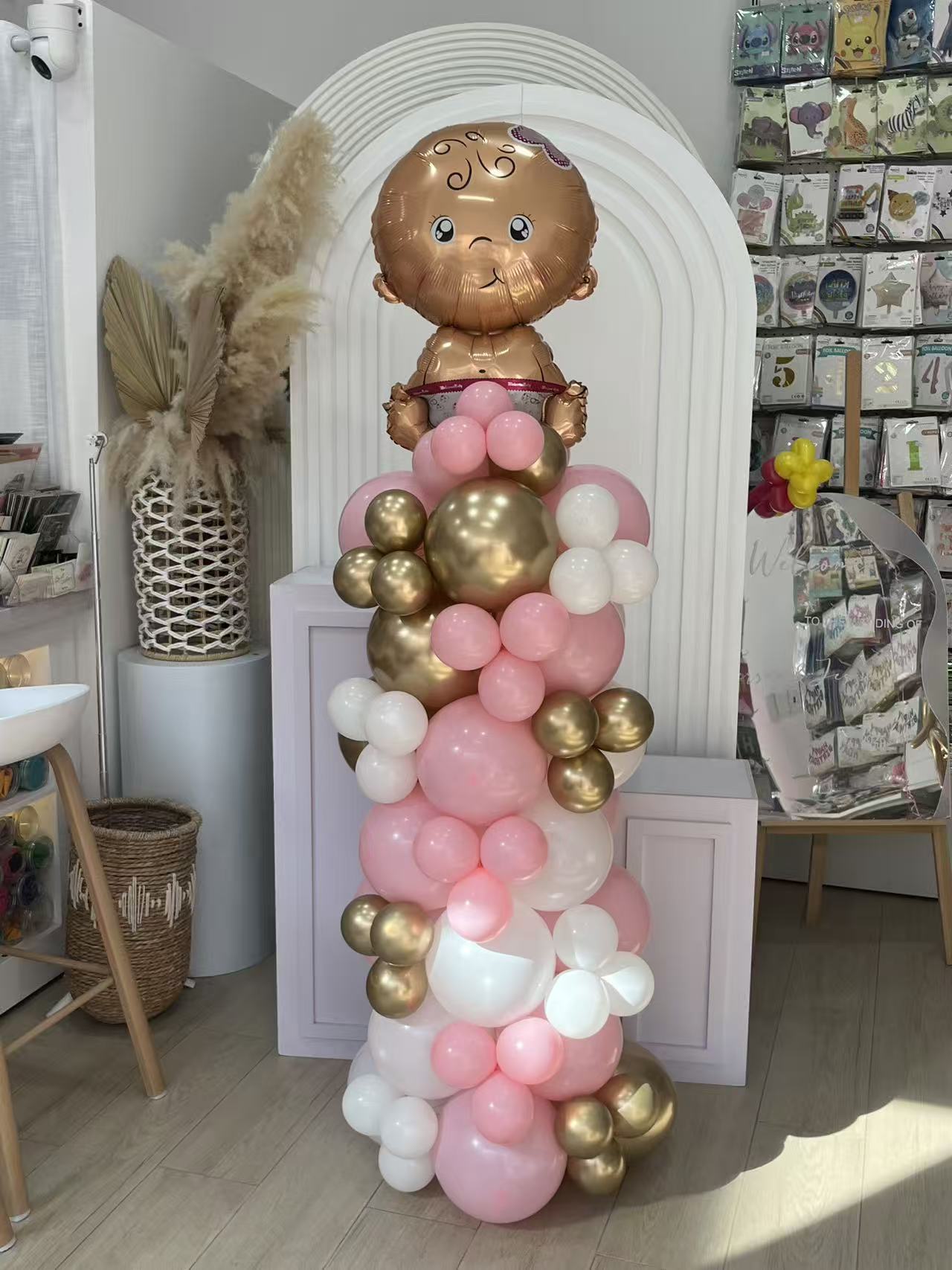 Hospital Setup Pillar/Column/Tower Balloon White Pink Light Gold with Welcome Baby - Customizable Design, Perfect for Baby Shower