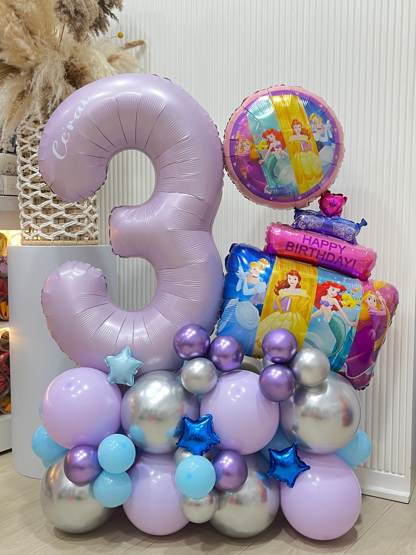 Platform Number Purple ‘3’ Disney Theme Balloons Chrome Purple Silver Blue Star with Customize Sticker - Customizable Design