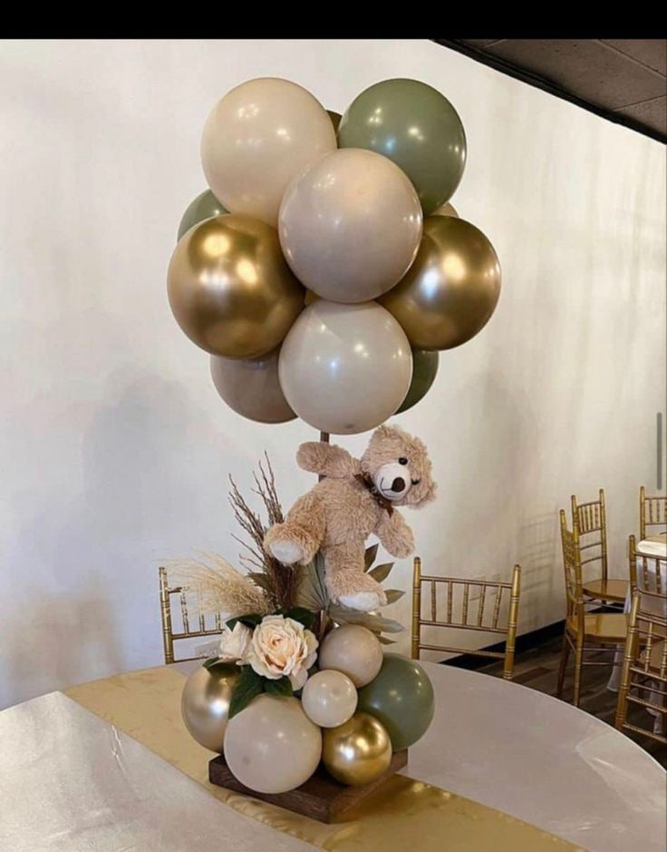 Customizable Balloon Light Gold, Green, Sand White and Dust White with Teddy Bear and Flower Centerpiece - Perfect for any Occasions