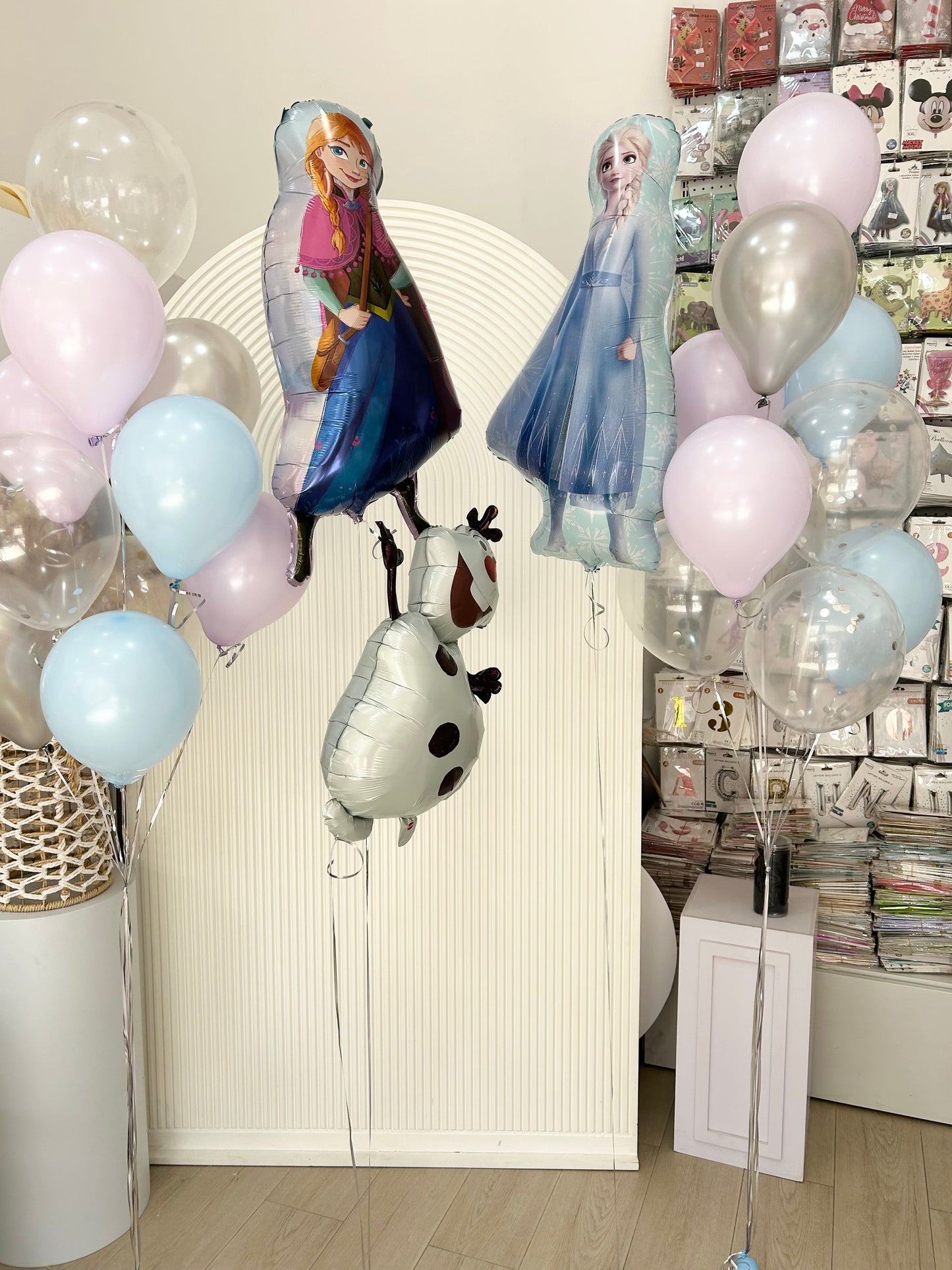 Frozen Theme Elsa Anna Olaf Helium with Latex Helium Bunch Blue Purple Silver Clear with Confetti - Customizable Design
