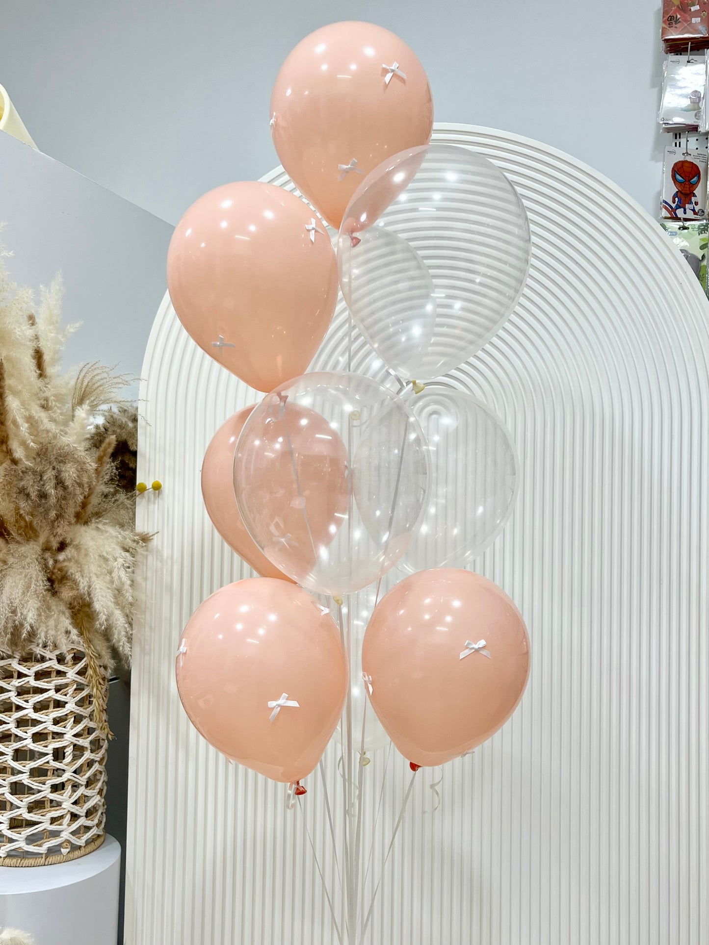 Latex Helium Bunch Peach and Clear with White Ribbons - Customizable Design
