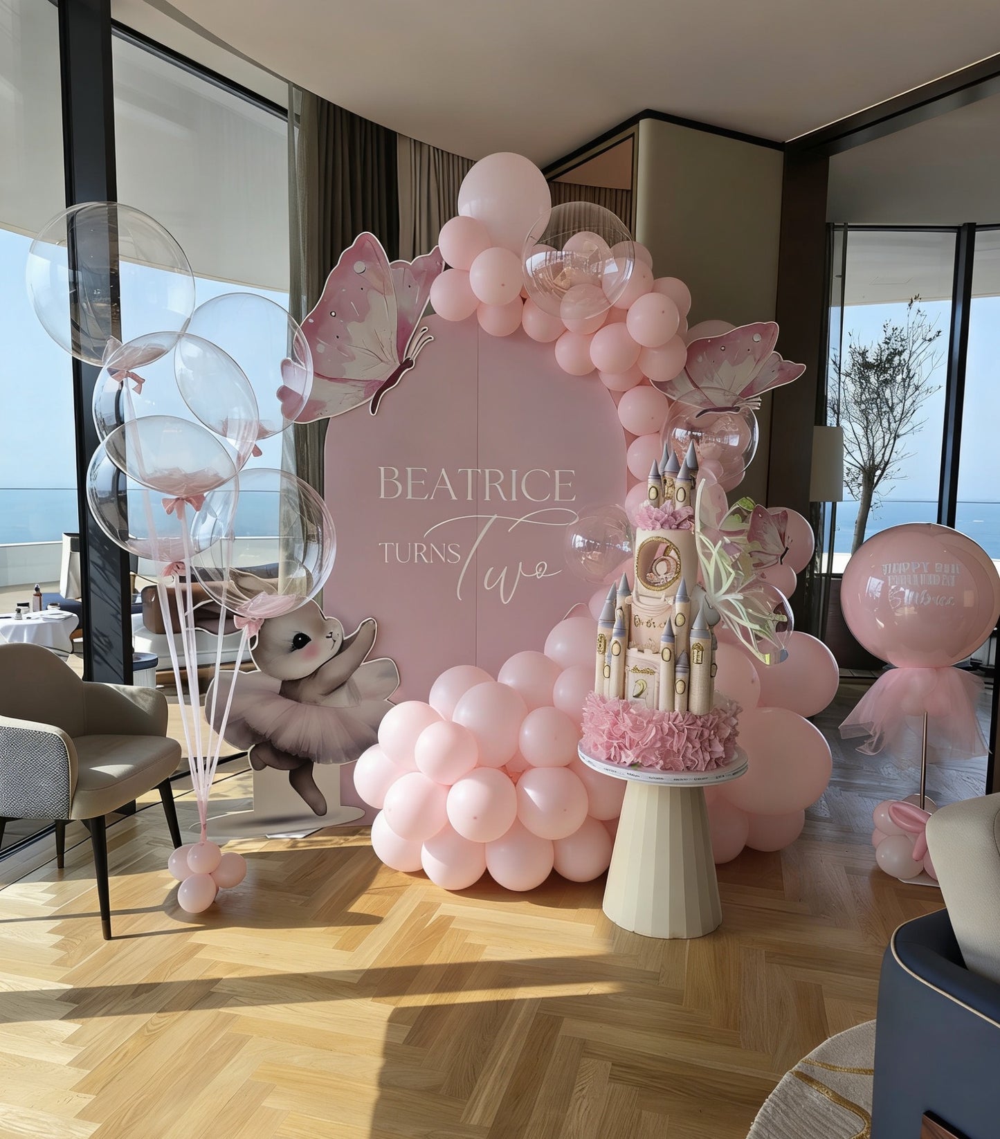 Customized Backdrop Ballet Dancer Bunny Rabbit with Butterflies Pink Helium Clear with Pink Feather Bunch Personalised Stand Pillar – Customizable Design