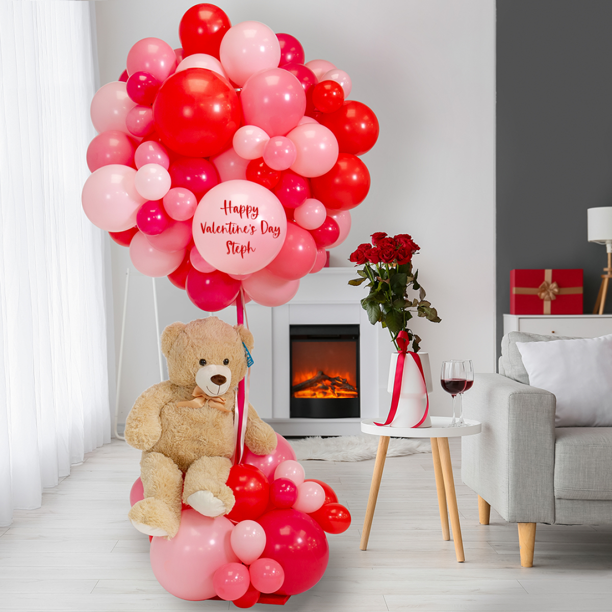 Teddy Bear Balloon with Different Shades or Pink and Red Setup - Perfect for Valentine's Day, Anniversaries, Proposal, Engagement Party