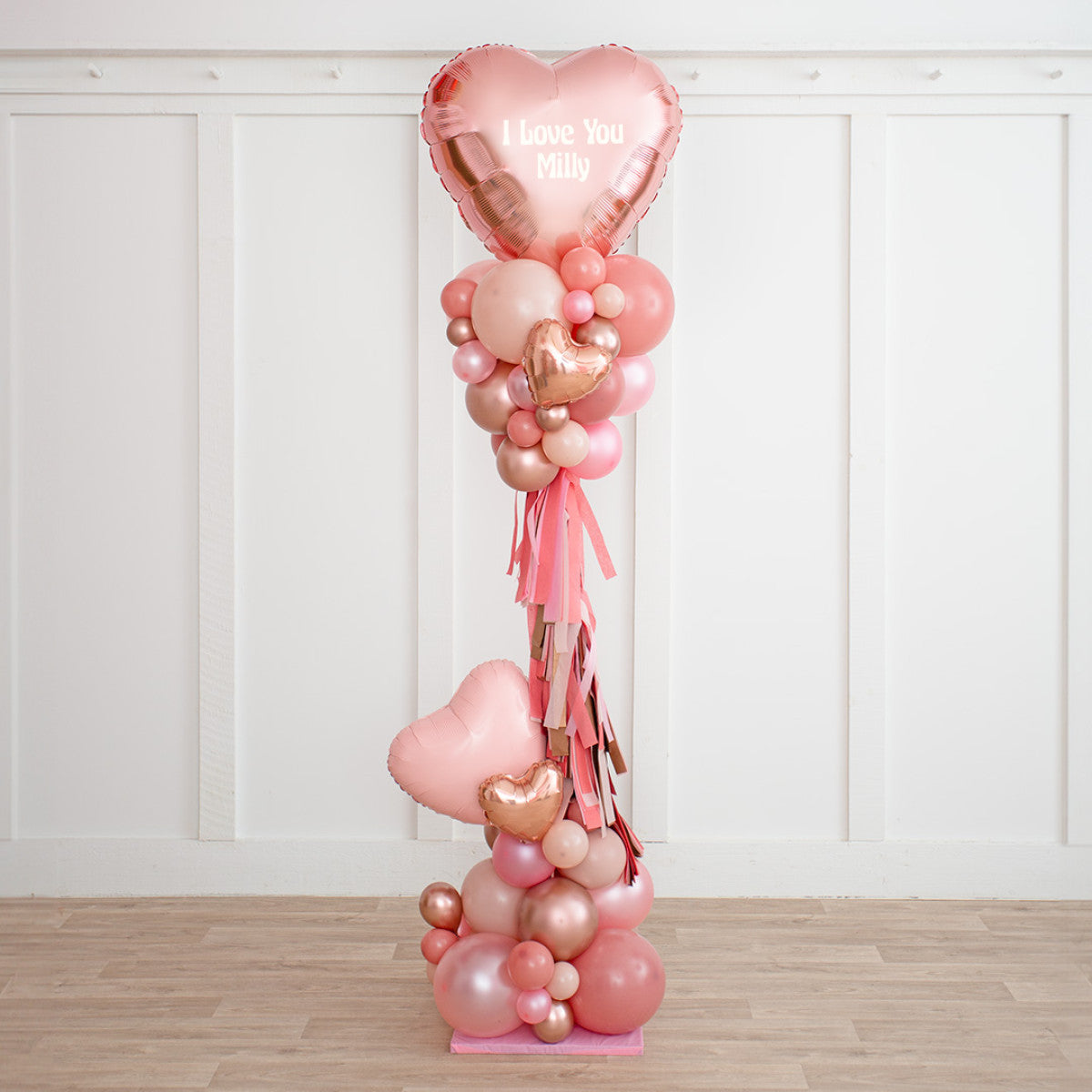 Personalised Clear Balloon with Different Shades of Pink Confetti and Balloon with Tassels Accents Pillar/Column/Tower – Perfect for Valentine's Day, Anniversaries, Proposal, Engagement Party