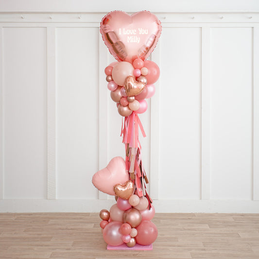 Personalised Clear Balloon with Different Shades of Pink Confetti and Balloon with Tassels Accents Pillar/Column/Tower – Perfect for Valentine's Day, Anniversaries, Proposal, Engagement Party