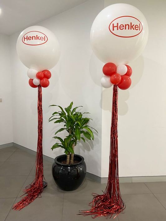 Personalised Company Logo Sticker Balloon White and Red with Tassels accents Pillar/Column/Tower - Corporate Event, Grand Opening, Company Event Perfect for special occasion!