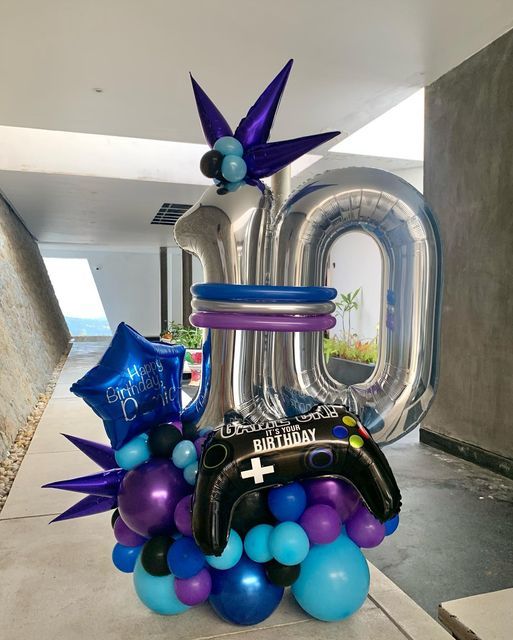 Platform Silver Numbers '10' with Latex Purple, Chrome Purple Chrome Blue and Blue with Starburst, Game Controller, Star with Customize Sticker accents – Customizable Design