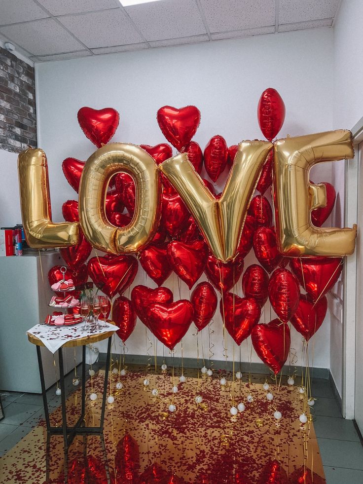 50pcs Red Heart-Shaped Helium Foil Balloons with Gold "LOVE" Helium and Petals - Valentine's, Anniversary Perfect for special occasions!