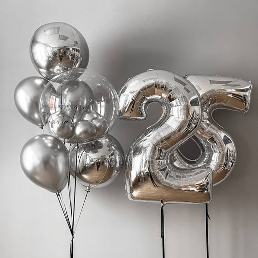 Pesonalised Clear with Mini Latex, Ribbons and Customize Sticker Helium Balloons, Two Number Set Silver '25' and Latex Silver and Silver Orbs - Perfect for any Occasions!