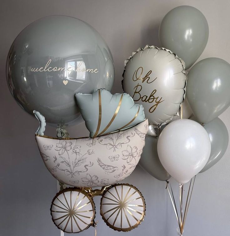 'Oh Baby' Helium Latex Bunch Beige Green Personalised w/ Customize Sticker Stroller - Baby Shower, Welcoming Baby Perfect for any celebrations!