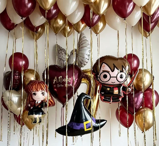 Personalised Tassels and Customize Sticker Harry Potter Character Witch Hat and Star with Customize Sticker with Latex Helium Bunch Black, Burgundy and Light Gold