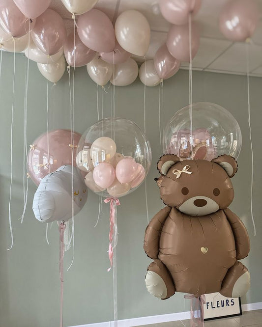 Personalised Clear with Mini Latex, Clear with Pink Latex, Brown Bear, White Cloud and Helium Latex Pink and Beige Ceiling and Bunch - Baby Shower, Bear-Themed Perfect for any Occasions