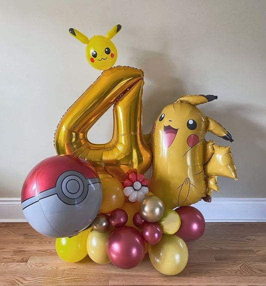 Yellow and Red Number Balloon on Stand Gold '4' Pikachu-Themed with Pikachu and Pokeball accents - Balloon Design