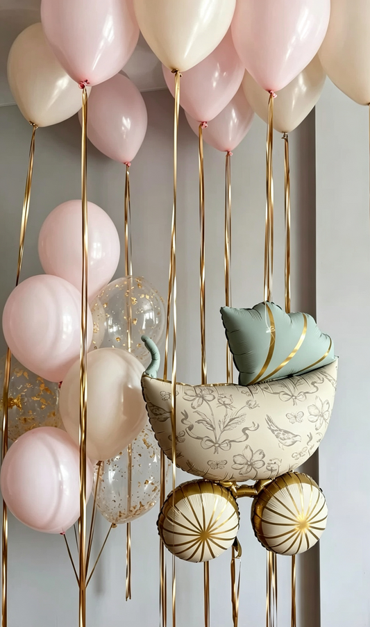 Baby Shower Stroller Green Pink and Gold Big Ribbon Bear Helium Foil Balloon Personalised Baby Pink  Hospital Welcome Home