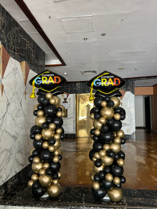 Personalised Light Gold and Blac Pillar/Column/Tower with Graduation Hat Foil Balloons – Perfect for Graduation