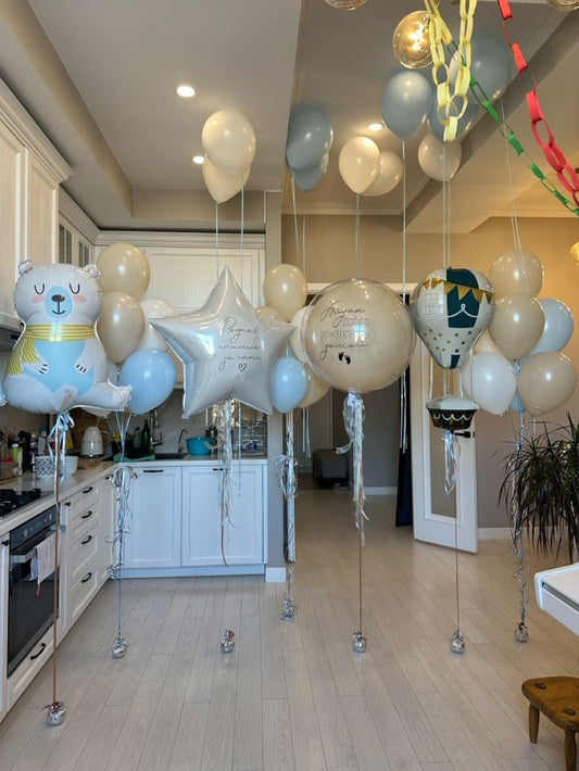 Personalised Clear with Beige Latex and Customize Sticker, White Star with Customize Sticker, Polar Bear, Hot Air Balloon and Latex Helium Beige, White and Blue Ceiling and Bunch - Baby Shower, Bear-Themed Perfect for any Occasions