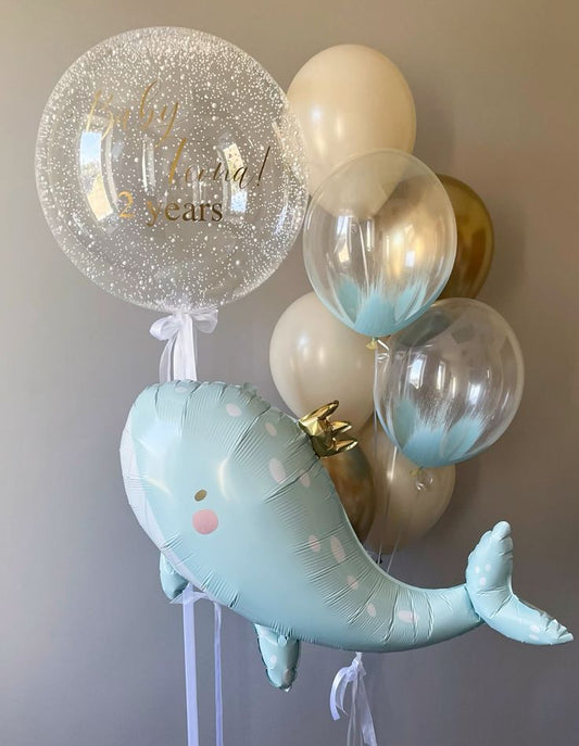 Helium Balloons Personalised Clear with White Foam and Customize Sticker, Latex Bunch Clear, Beige and Light Gold with Whale - Customizable Decor