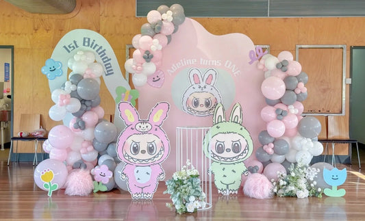 Customizable Board Backdrop with Balloon Gray, Pink and White with Labubu Characters Standee - Labubu-Themed Perfect for special occasion