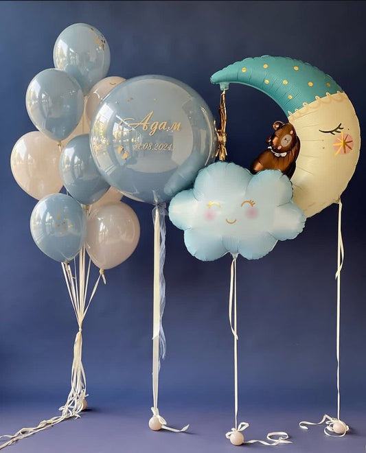 Personalised Clear with Blue Latex and Customize Sticker, Double Layered Latex Beige and Blue Helium Bunch, Blue Cloud and Moon Foil Helium Balloon - Baby Shower, Perfect for special occasions!