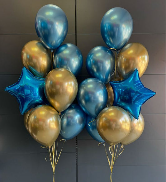 Helium Balloons Foil Blue Star-Shaped with Latex Chrome Blue and Light Gold Bunch - Perfect for any Occasions!