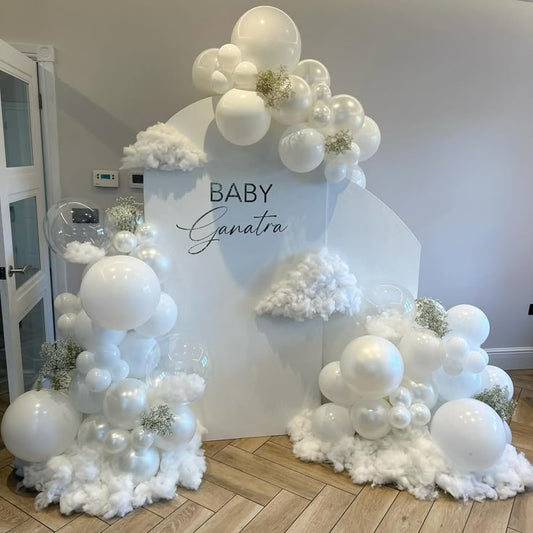 Customizable Board Backdrop with Balloons White, Pearl White, Clear, White Cotton and Artificial Flowers - Perfect for any celebration!