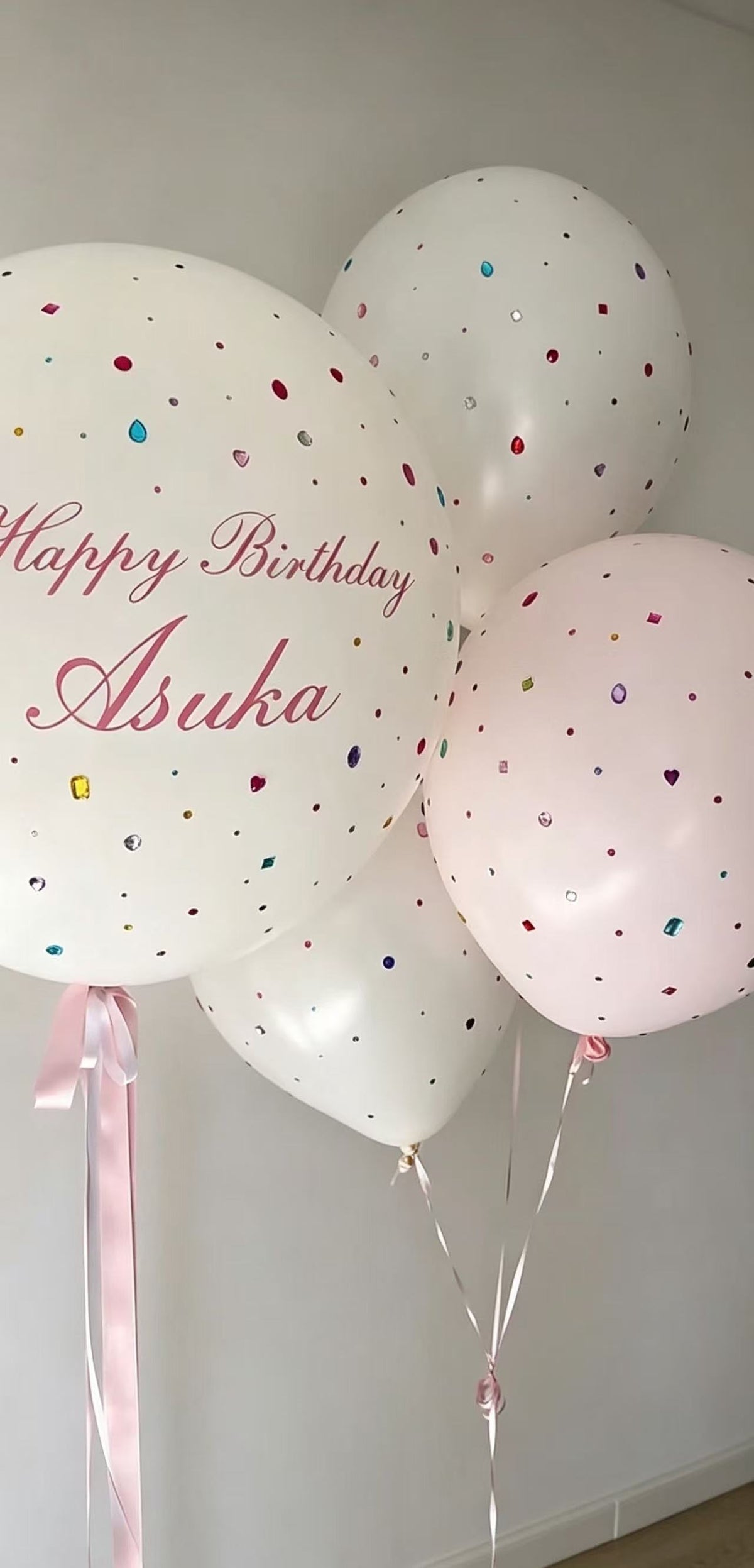 Personalised Helium Customizable Sticker with Helium 18" Bunch White Pink with Bling Stones Accents - Perfect for any Special Occasions!