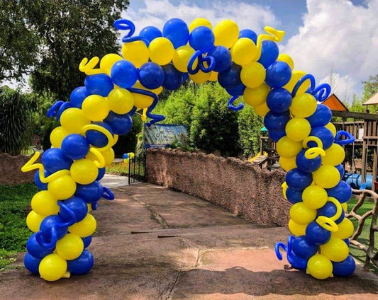 Balloon Arch Blue and Yellow Spiral Arrangement with Twisted 260q Design - Corporate Event, Grand Opening, Company Event Perfect for special occasion!