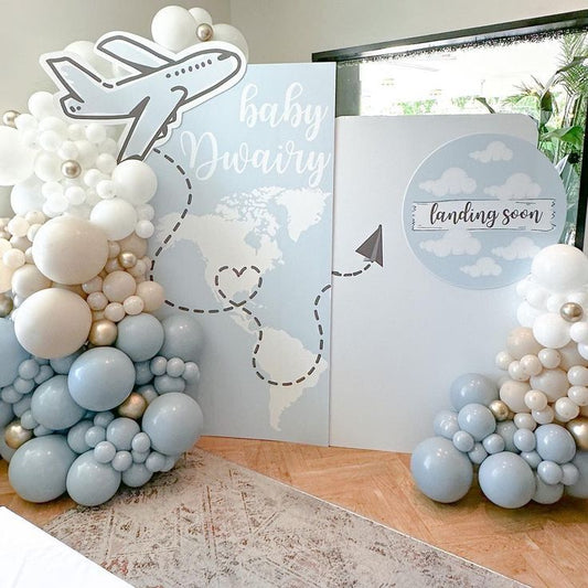 Aircraft Airplane Bon Voyage-Themed Customize Backdrop Number 1 and Balloons Blue White Green  Themed Birthday Party
