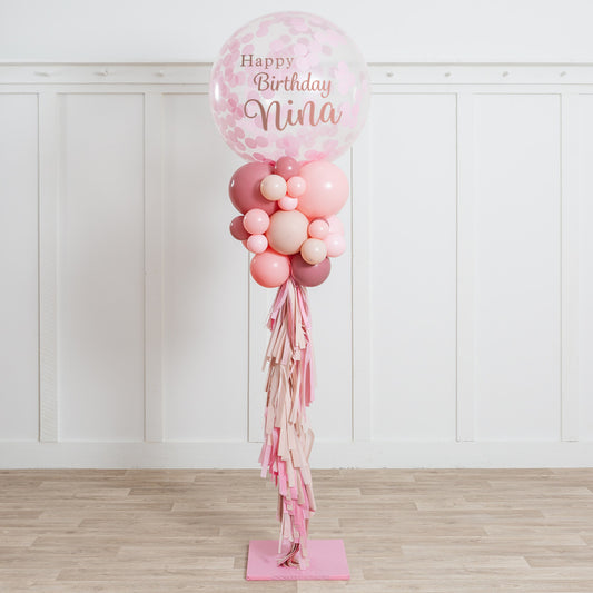 Personalised Bobo Balloon with Shades of Pink Confetti, Matching Balloons, and Tassel Accents Pillar/Column/Tower – Perfect for Any Elegant Celebrations