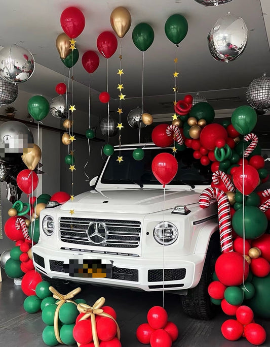 Christmas Car Surprise with Metallic Helium Balloons, Gift Balloons, and Candy Cane Accents