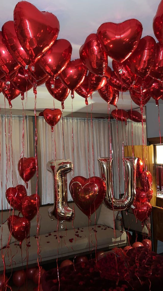 35pcs 20" and 1pc 35" Red Heart-Shaped Helium Foil Balloons Bunch and Ceiling with I and U Silver Helium - Valentine's, Anniversary Perfect for special occasions!