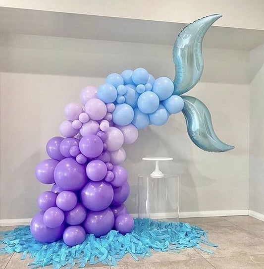Balloon Teal Mermaid Tail Foil and Latex Blue and Purple Organic Chain Arrangement with Floor Tassels accents - Birthday, Perfect for special occasion!