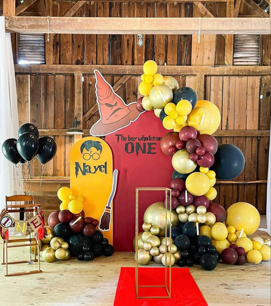 Customize Backdrop Board Harry Potter Theme with Balloons Yellow, Burgundy, Black and Light Gold and Latex Helium Black Bunch - Harry Potter-Themed Perfect for special occasion!