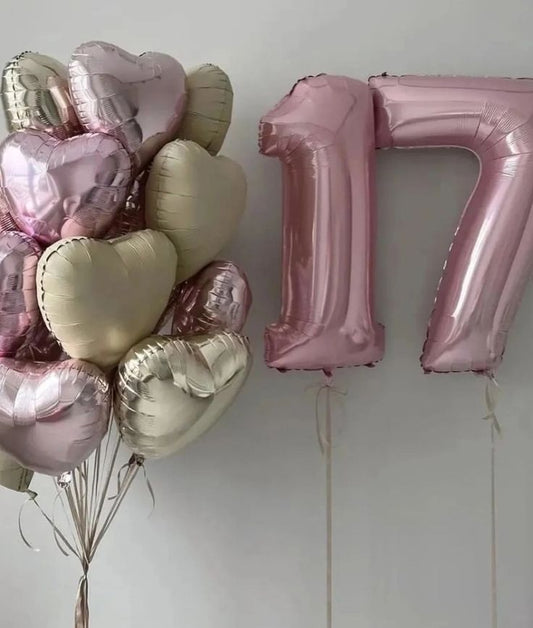 Helium Pink ‘17’ Two Number Set Balloon with Light Gold, Beige and Pink Heart-Shaped Foil Balloons - Birthday, Valentine's, Anniversary Perfect for any special occasions!