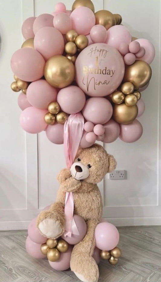 Hospital Welcoming Baby Balloon Pink and Light Gold Cloud-Themed Decor Setup with Teddy Bear and Customize Sticker - Perfect for special occasions