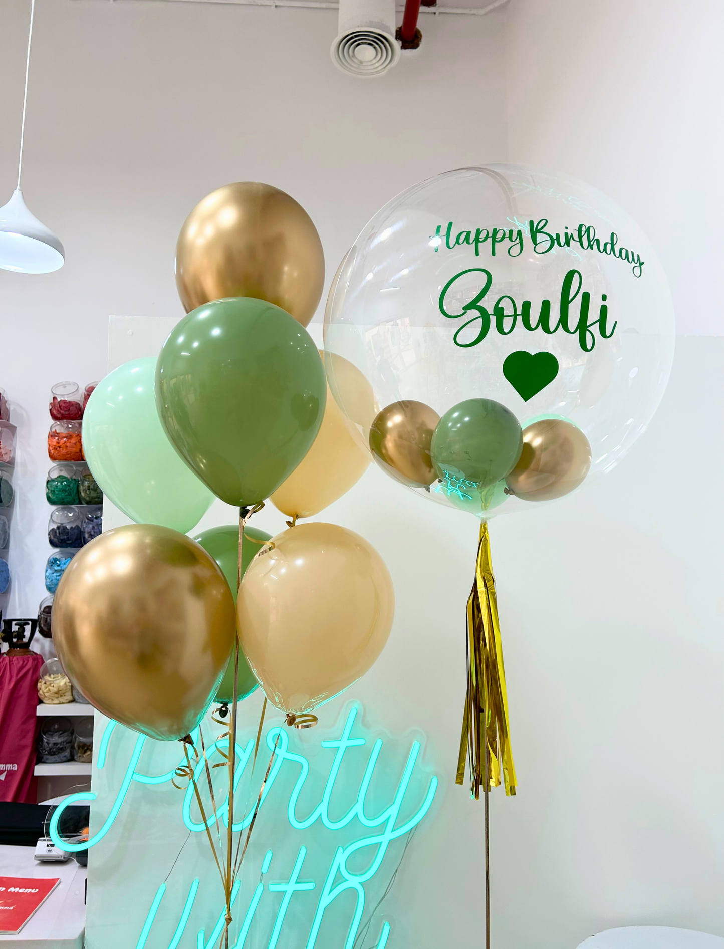 Personalised Helium Balloon Birthday Bubble Balloon with Green and Gold Balloons & Tassel Tail with Helium - Perfect for Celebrations