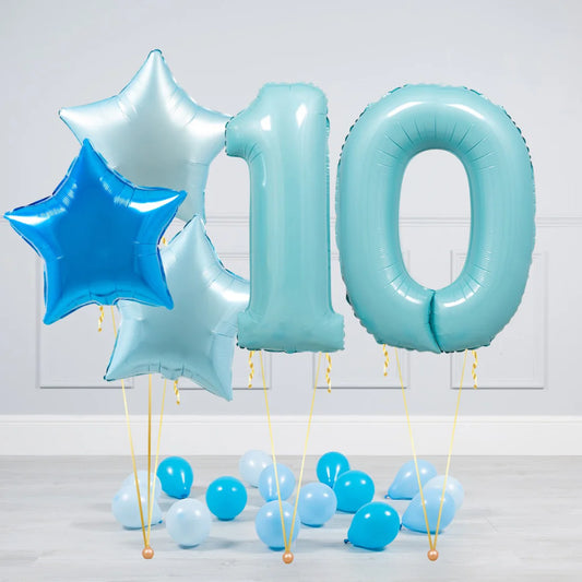 Helium Blue Two Number Set Balloon with Different Shade of Blue Stars and Mini Balloons